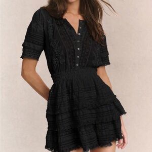 LoveShackFancy Quincy Black Tiered Lace Mini Dress